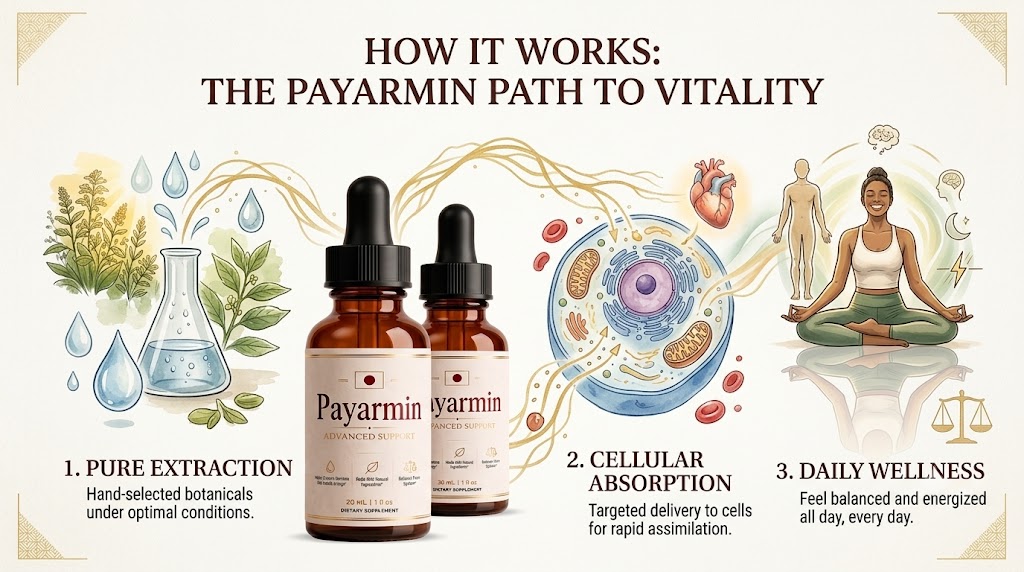 Graphic titled How It Works, the Payarmin path to vitality, with three steps: pure extraction, cellular absorption and daily wellness